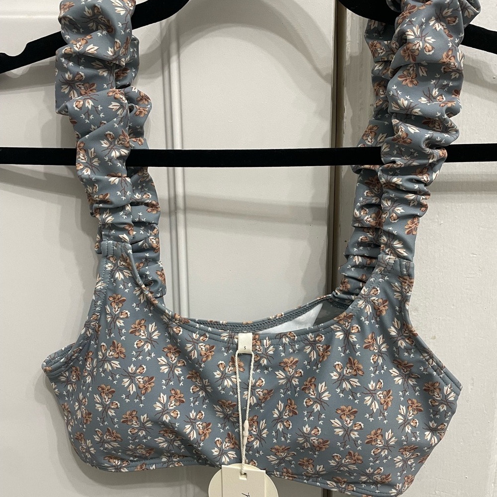 Rylee + Cru Blue Brown & Cream Floral Swim Bathing Suit Top (Size S)